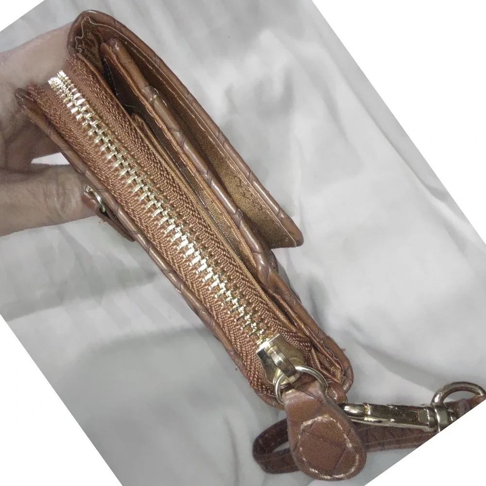 Mundi Woven Checkbook Wallet Brown Faux Leather RFID Protected Wristlet‎